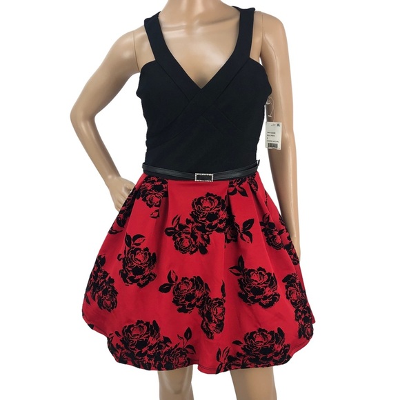 Crystal Doll Red Floral Brocade Belted A-Line Fit & Flare Formal Evening Dress 9 - Picture 1 of 10